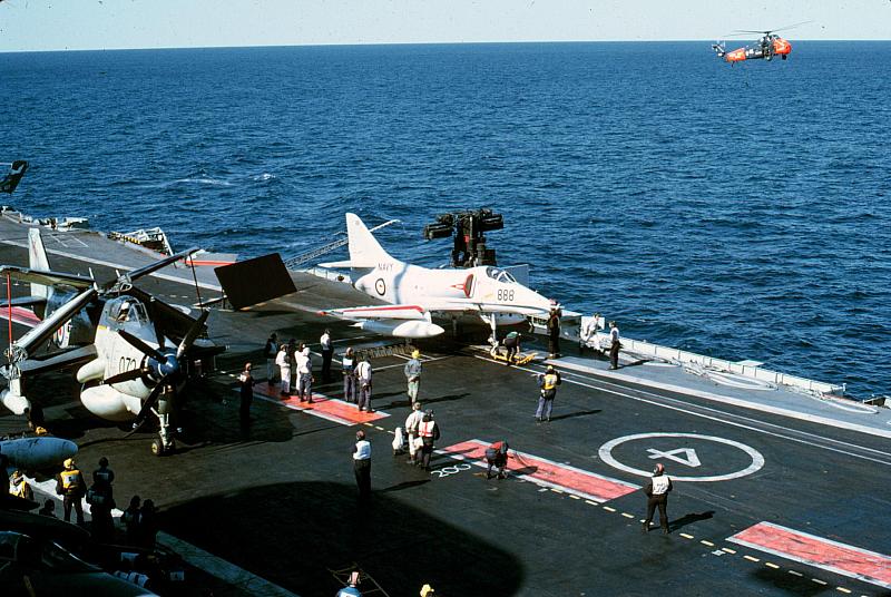RAN Skyhawk loading onto Eagle waist cat 1971